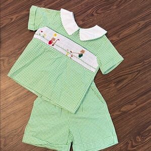 Green Gingham Kids' Outfit with Golf Embroidered Detail
